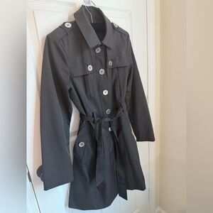 Nine West Black Spring Belted Trench Coat Silver Buttons Mid-Thigh Length Medium